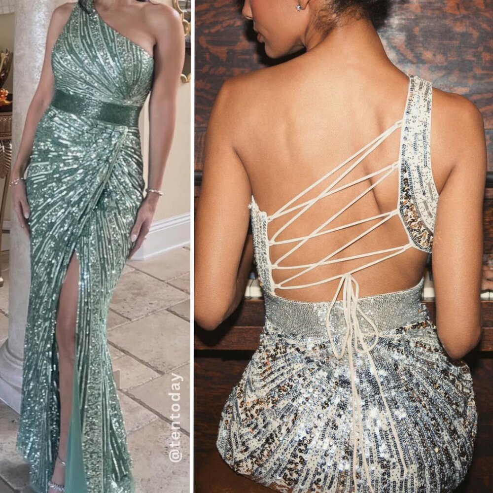 Mac Duggal 5687 Size 16 Sage Green One Shoulder Corset Back Long Maxi Gown Dress - Picture 2 of 7